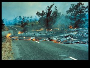 Lava flow on a road.