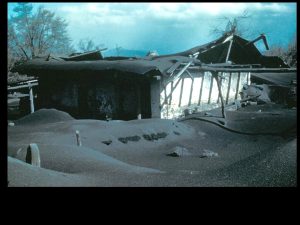 Volcanic ash that has fallen on a building