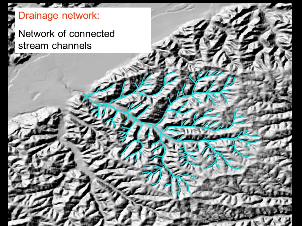 Map showing streams forming a network, within valleys