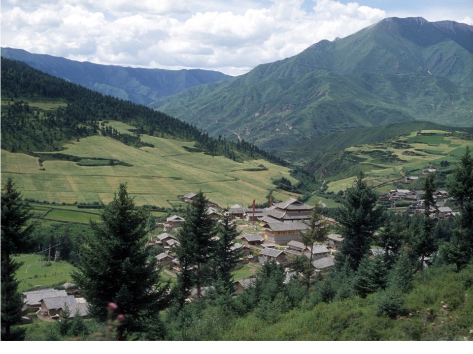 a mountainous landscape with forest mixed with fields and pasture. A village of wooden houses is visible.