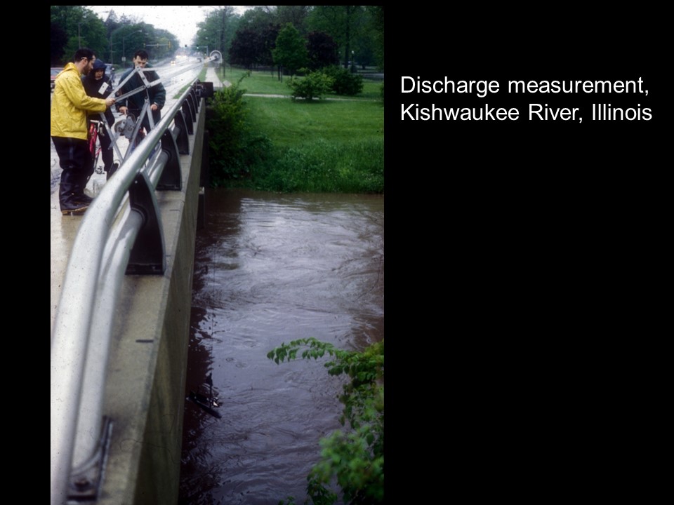 Photo of two people on a bridge wearing raincoats. One is operating a device that measures stream depth and velocity.