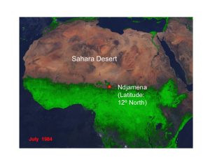 Map of northern Africa based on satellite images, including location and latitude of Ndjamena, Chad