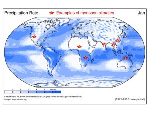 Map of precipitation rate with major monsoons marked by stars