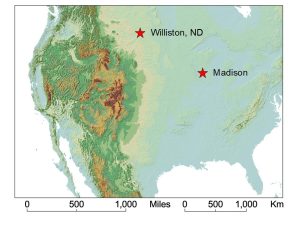 Map shaded to show topography in part of western North America, especially the Rocky Mountains