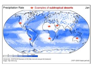 Global map of precipitation rates with stars marking major subtropical deserts