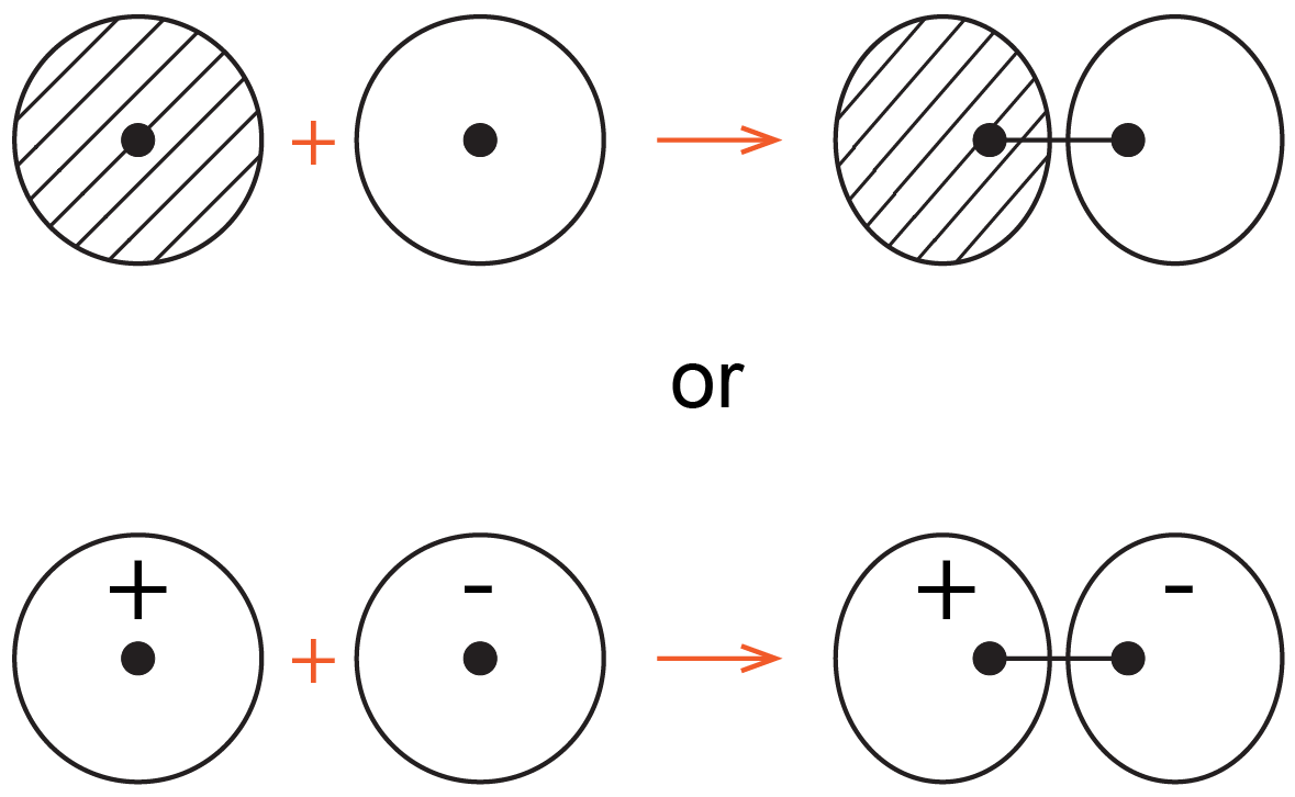 The diagram has two parts, one above the word “or” and one below. The upper part, from left to right, shows a hatched circle with a dot in the center, a red plus sign, a circle with a dot in the center, a red arrow pointing right, and a diagram with two vertical ellipses that don’t overlap. One ellipse is hatched and one open. There is a dot inside each ellipse and the two are dots connected by a line. The dots are closer together than the centers of the ellipses. The lower part, from left to right, shows a circle with a dot in the center and a plus sign above the dot, a red plus sign, a circle with a dot in the center and a minus sign above the dot, a red arrow, and a diagram with two vertical ellipses. One ellipse has a plus sign in it; the other has a minus sign in it. here is a dot inside each ellipse and the two are dots connected by a line. The dots are closer together than the centers of the ellipses.