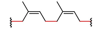 A line structure shows a red C-C bond with a squiggly vertical line through it, then a C-C single bond to a C with a methyl group and double bond, then a C-C single bond and a red C-C single bond. Then the sequence of bonds repeats a second time.