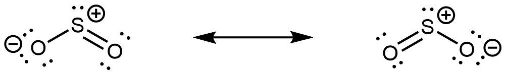 Two resonance structures separated by a double-headed arrow. Left image: S central atom with one lone pair and =1 formal charge. Central S single bonded down and left to O with three lone pairs and -1 formal charge. Central S double bonded right and down to O with two lone pairs and zero formal charge. The right-hand structure is the mirror image of the left-hand structure.