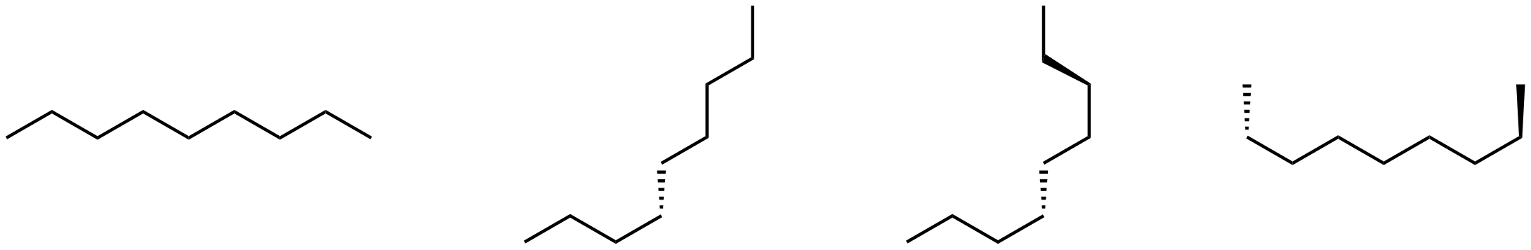 Four line structures are described from left to right. 1. Eight lines in a horizontal zig-zag pattern. 2. Three lines in a horizontal zig-zag, a dashed line pointing up, four lines in a zig-zag going up and a little to the right. 3. Three lines in a horizontal zig-zag, a dished line pointing, two lines going up, a wedge pointing up and to the left, and another line. 5. A dashed line going down, 6 lines in a horizontal zig-zag, and a wedge going up.