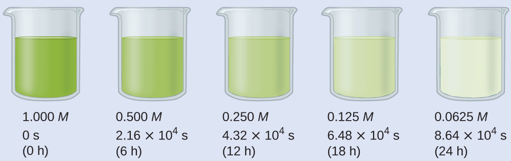 Five beakers are shown, each with a green liquid in it. The green color gets lighter from left to right. From left to right the beakers are labeled: beaker 1, 1.000 M, 0 s, (0 h); beaker 2, 0.500 M, \(2.16\times10^4\ \text{s}\), (6 h); beaker 3, 0.250 M, \(4.32\times10^4\ \text{s}\), (12 h); beaker 4, 0.125 M, \(6.48\times10^4\ \text{s}\), (18 h); beaker 5, 0.0625 M, \(8.64\times10^4\ \text{s}\), (24 h).