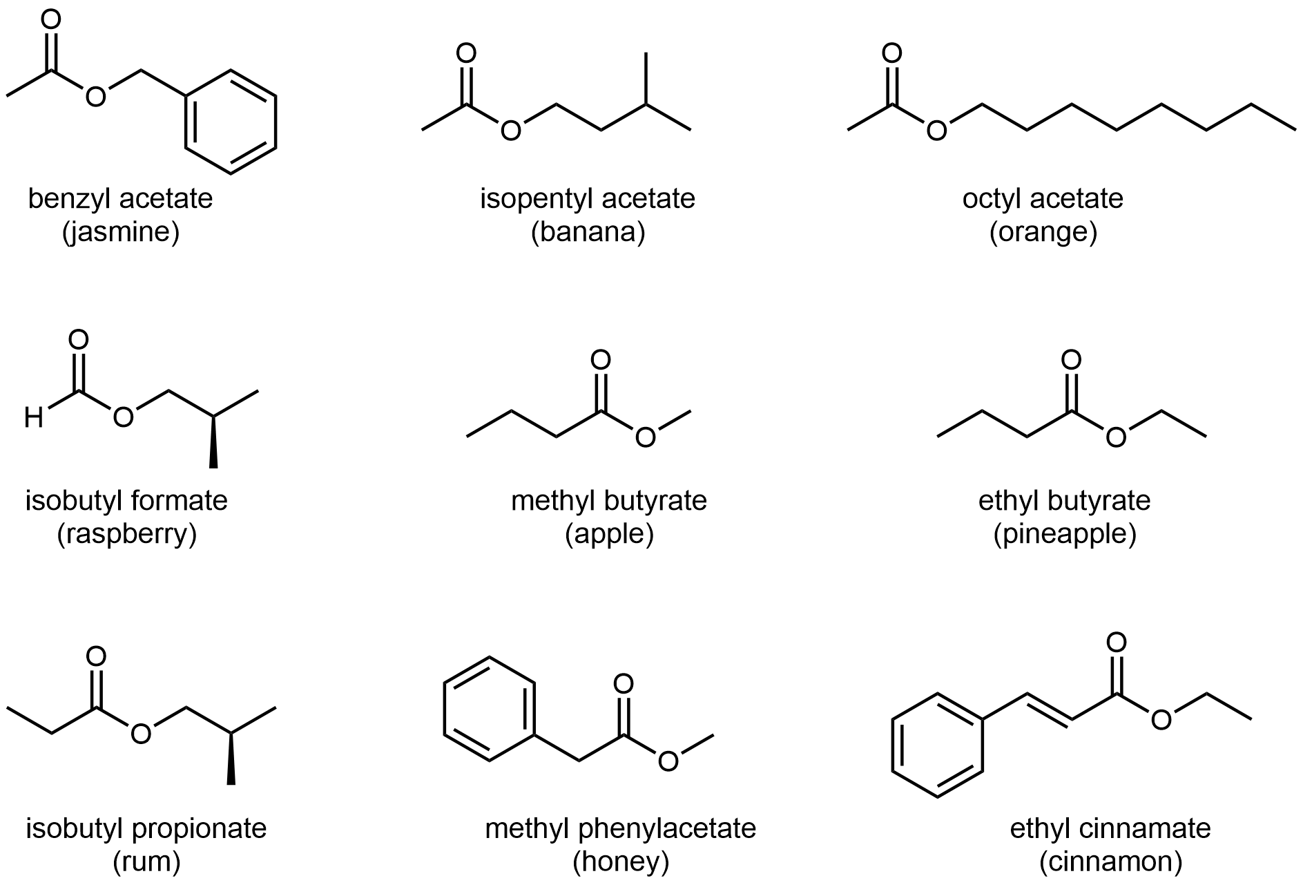 There are nine structures represented in this figure. The first is labeled “benzyl acetate (jasmine)”. It has a methyl group bonded to ester C and a benzyl group bonded to ester O. The second is labeled “isopentyl acetate (banana)”. It has a methyl group bonded to ester C and an isopentyl (3-methylbutyl) group bonded to ester O. The third is labeled “octyl acetate (orange)”. It has a methyl group bonded to ester C and a octyl group bonded to ester O. The fourth is labeled “isobutyl formate (raspberry)”. It has an H atom bonded to ester C and an isobutyl group bonded to ester O. The fifth is labeled “methyl butyrate (apple)”. It has a propyl group bonded to ester C and a methyl group bonded to ester O. The sixth is labeled “ethyl butyrate (pineapple)”. It has a propyl group bonded to ester C and a ethyl group bonded to ester O. The seventh is labeled “isobutyl propionate (rum)”. It has an ethyl group bonded to ester C and a isobutyl group bonded to ester O. The eighth is labeled “methyl phenylacetate (honey)”. It has a benzyl group bonded to ester C and a methyl group bonded to ester O. The ninth is labeled “ethyl cinnamate (cinnamon)”. It has a styrene group bonded to ester C and an ethyl group bonded to ester O.