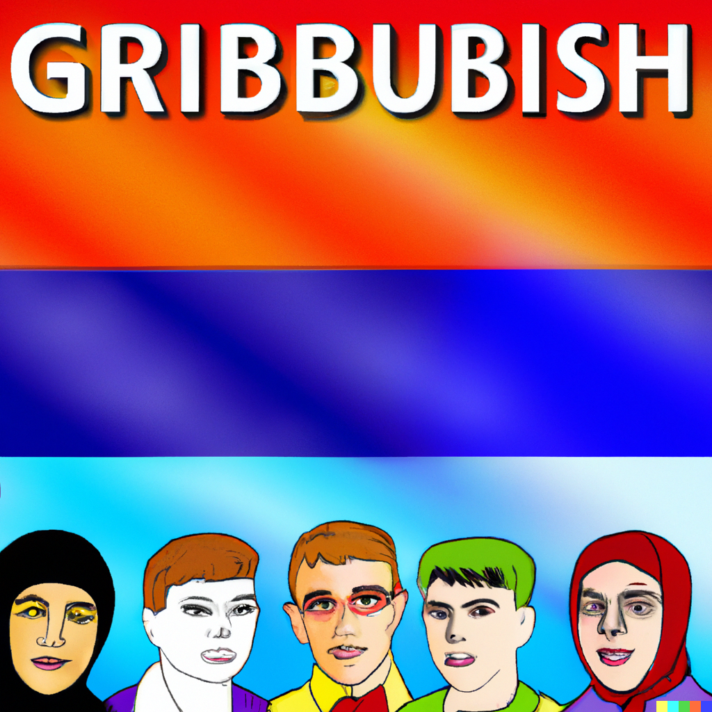 book cover that says at the top in large letters: GRIBBUBISH on top of a flag that looks vaguely like the Russian flag. Below are 5 strange-looking people.