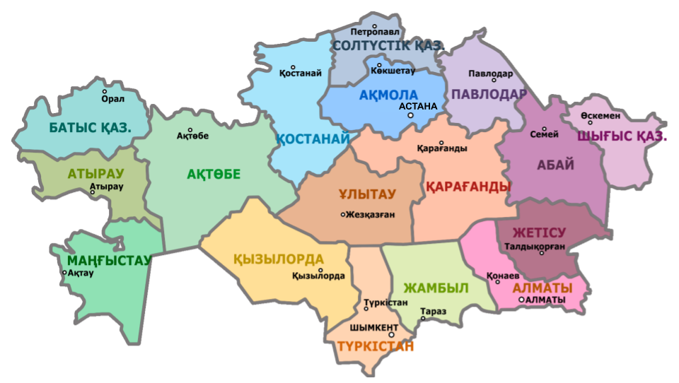 map of Kazakhstan with the administrative regions shown with the names of the regions and cities written in Kazakh