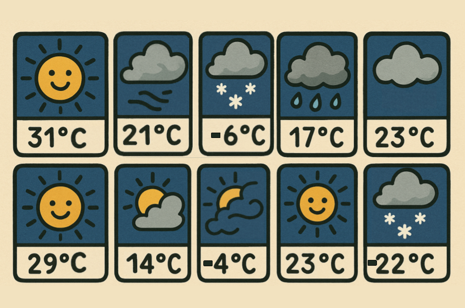 weather report: 31C and sunny, 21C and windy, -6C and snowy, 17C and rainy, 23C and cloudy, 29C and sunny, 14C and partly sunny, -4C and partly sunny, 23C and sunny, -22C and snowy
