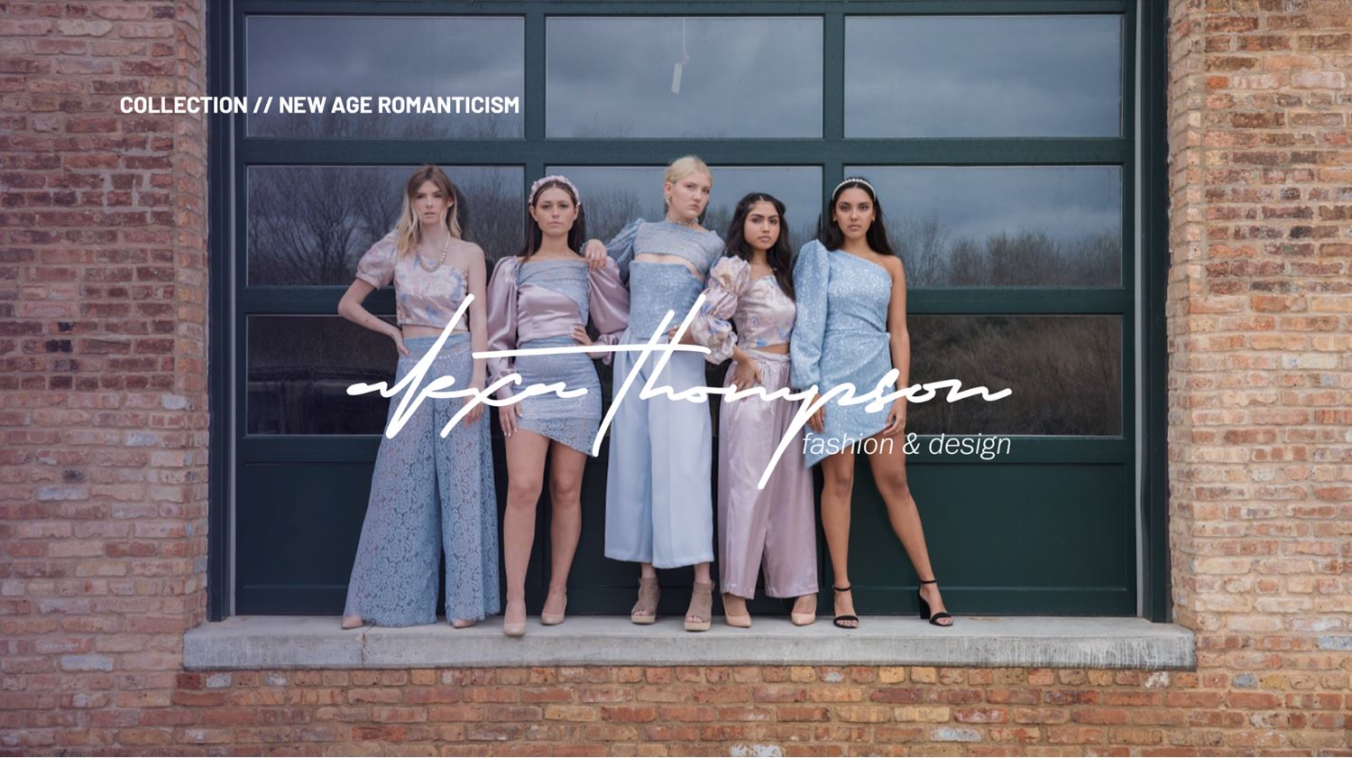 Alexa Thompson's website showing the blue and purple designs that they created being modeled by five models