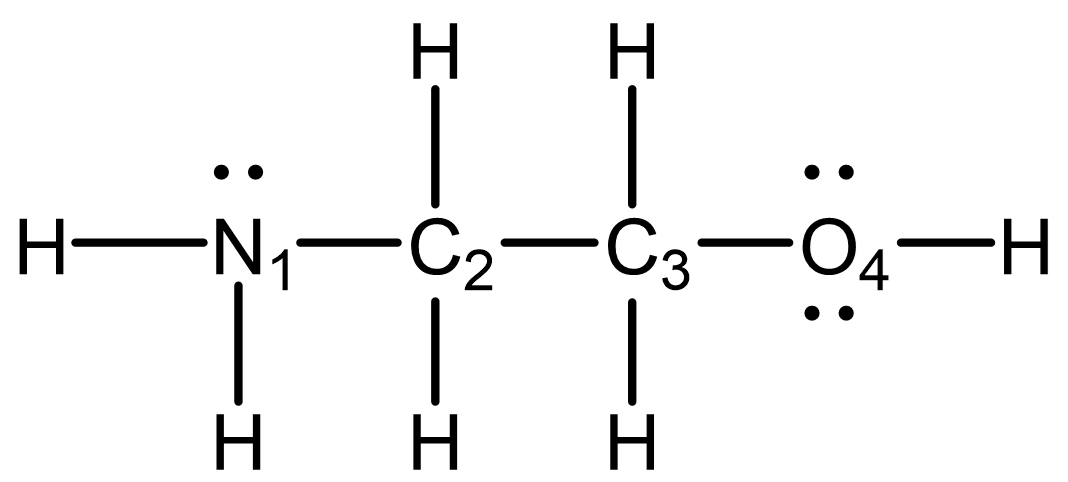 A Lewis structure: N-sub-1 bonded to H(left), H(below), C(right), lone pair above; then Cs-ub-2 to N(left), H(below), H(above), C(right); then C-sub-2 to C(left), H(below), H(above), O(right); then O-sub-4 to C(left), H(right), lone pairs above and below.