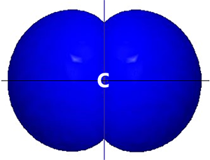 There is a white letter "C" in the middle. On either side of the C there is a much larger blue shape like part of a sphere but squashed in the middle. A vertical black line separates the two lobes and passes through the C. A horizontal black line passes through the C.