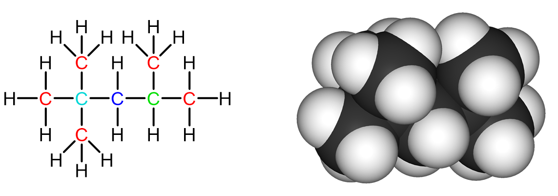 left: Lewis structure of 2,2,4-trimethylpentane. Right: space-filling model of 2,2,4-trimethylpentane