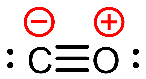 Lewis structure of CO, shown a -1 formal charge on C and a +1 formal charge on O