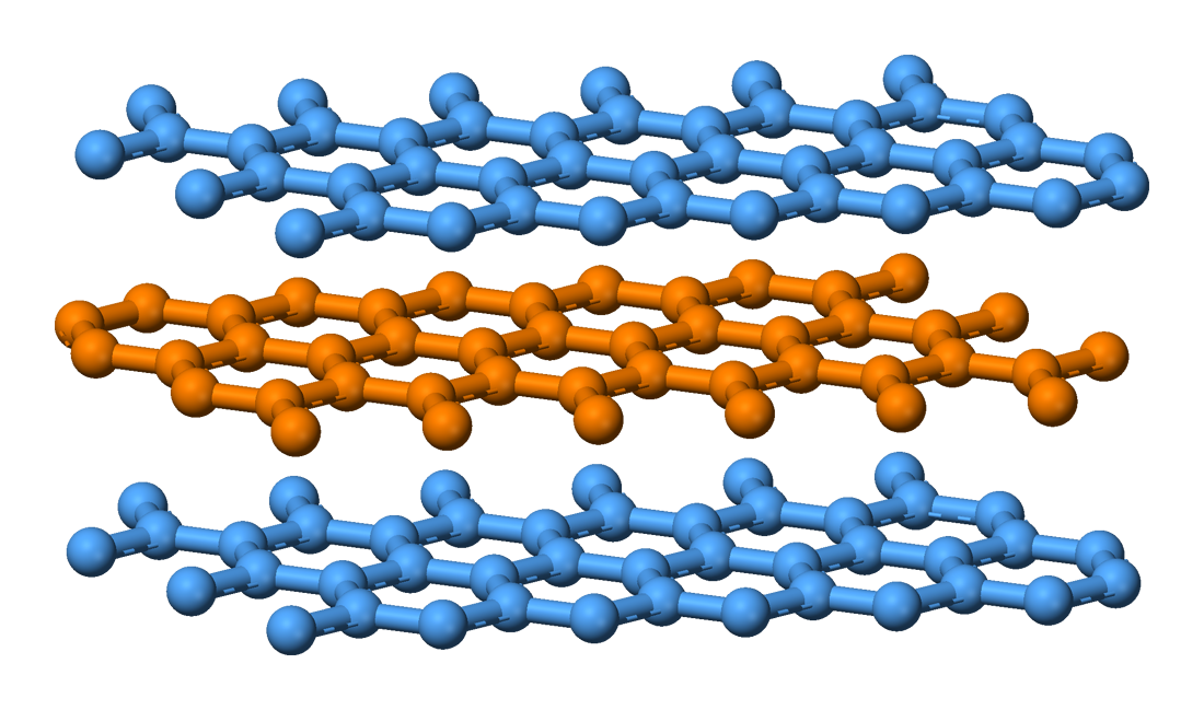 side view of layers of graphite in ball and stick model. Image from wikipedia.