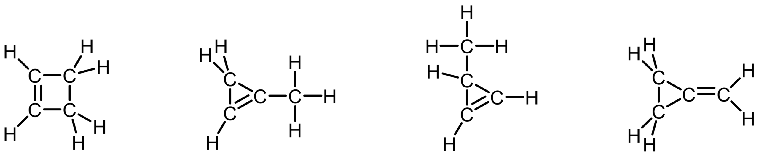 Lewis structures of cyclobutene, 1-methylcyclopropene, 3-methylcycloproene, and methylenecyclopropane