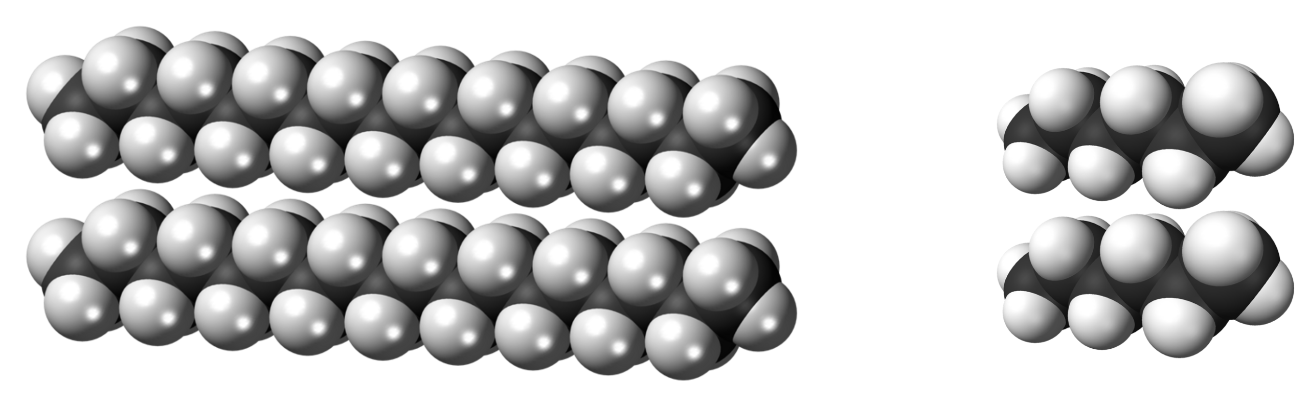 space-filling models of octadecane and hexane, showing two molecules each