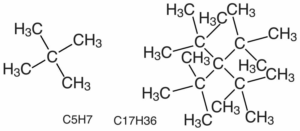 An image of two Lewis structures. The first structure is a Letter C connected to two H3C's and two CH3. The second Lewis Structure has 5 C's in the middle and is connected to six H3C and six CH3.