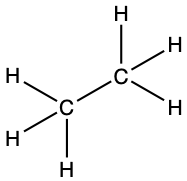 Lewis structure for C subscript 2 H subscript 6. Two carbon atoms are singly bonded. Each carbon atom then has 3 hydrogen atoms singly bonded to it.