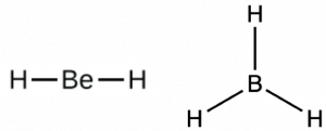 Two Lewis structures are shown. The left shows a beryllium atom single bonded to two hydrogen atoms. The right shows a boron atom single bonded to three hydrogen atoms.