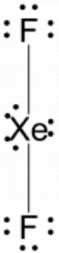 Final Lewis structure for xenon difluoride. The central xenon atom is in the middle with 3 lone pairs. There is a F atom on top (with 3 lone pairs) and an F atom on bottom (with 3 lone pairs).