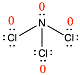 Lewis structure for NCl3. Central nitrogen atom is single bonded to three chlorine atoms. Each chlorine atom has three lone pairs, and the nitrogen has one lone pair. The formal charge for each atom is zero.