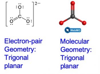 Two representations of carbonate are shown. In the Lewis structure on the left, the carbon atom is in the middle surrounded by 3 oxygen atoms. There are single bonds to each of two oxygen atoms and then a double bond between the carbon and a third oxygen atom. The lone pairs are shown on the oxygen atoms to complete the octets. There are brackets around the entire structure and a superscript negative 2. The label reads “electron-pair geometry: trigonal planar”. The structure on the right is a ball and stick model that is a screenshot of the geometry as seen on Web M O. There is a black sphere in the middle for the carbon atom. Then there are three red spheres arranged in a trigonal planar geometry around the carbon. The label beneath the structure reads “molecular geometry: trigonal planar”.