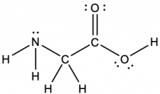 A Lewis structure depicts a nitrogen atom with one lone pair of electrons that is single bonded to two hydrogen atoms and a carbon atom, which is, in turn, single bonded to two hydrogen atoms and another carbon atom. This carbon atom is double bonded to an oxygen atom with two lone pairs of electrons and single bonded to an oxygen that has two lone pairs of electrons and a single bond to a hydrogen atom.