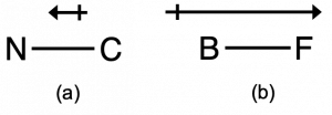 Two images are shown and labeled, “a” and “b.” Image a shows a carbon a left-facing arrow with a crossed end, and a nitrogen. Image b shows a boron a right-facing arrow with a crossed end, and a fluorine.