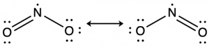 A diagram is shown that is made up of two Lewis structures connected by a double ended arrow. Each structure has a nitrogen in the middle with an oxygen atom on either side. In the left structure, there is a double bond between the nitrogen and the left oxygen, and a single bond between the nitrogen and the right oxygen. In the structure to the right of the arrow, there is a single bond between the nitrogen and the left oxygen and a double bond between the nitrogen and the right oxygen. Lone pairs on the oxygen atoms are placed so that each has an octet. There is a single lone electron on the nitrogen atom in both structures.