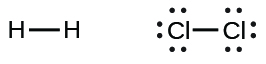 Two Lewis structures are shown. The left-hand structure shows two H atoms connected by a single bond. The right-hand structure shows two C l atoms connected by a single bond and each surrounded by six dots.
