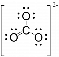 Final Lewis structure for CO3 2-. Carbon is singly bonded to two oxygen atoms and double bonded to the third oxygen. The entire molecule is drawn in brackets with a minus two written in the upper right hand corner outside the brackets.