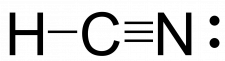 Final Lewis structure for HCN. The central carbon is singly bonded to one hydrogen, and triple bonded to the nitrogen. The nitrogen also has one lone pair.