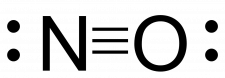 Final lewis structure for NO. Nitrogen is bonded to oxygen three times for a triple bond. Each atom has one lone pair to make an octet.