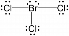 Lewis structure for BrCl3 with the central bromine atom single bonded to three chlorine atoms. The central bromine has two lone pairs, and the chlorine atoms have three.