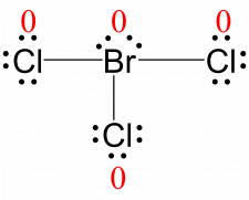 Lewis structure for BrCl3 with the formal charge of each atom written next to them in red. The formal charge of every atom is zero.