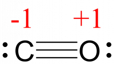 Lewis structure for CO. Carbon is triple bonded to the oxygen atom. Each atom has a lone pair. This gives the carbon atom a formal charge of minus 1, and the oxygen a formal charge of plus 1.