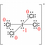 Lewis structure for ICl4 with formal charges written next to each atom in red. The only non-zero formal charge is minus 1 written next to the central iodine.