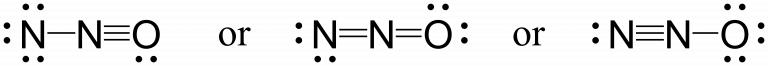 Three possible resonance structures for N2O. On the left a central nitrogen is triple bonded to the oxygen on the right, and single bonded to the nitrogen on the left. In the central resonance structure the central nitrogen is double bonded both to the nitrogen on the left and the oxygen on the right. In the right resonance structure the central nitrogen is triple bonded to the nitrogen on the left, and single bonded to the oxygen on the right.