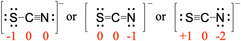 Three separate resonance structures for S C N are displayed left to right. The left structure has the central carbon single bonded to a sulfur on the left (which has 3 lone pairs) and triple bonded to a nitrogen on the right (which has 1 lone pair). There are brackets around the structure and a superscript negative. The formal charges are -1 for S, 0 for C and 0 for N. The central resonance structure has the central carbon double bonded to sulfur on the left (which has 2 lone pairs) and double bonded to nitrogen on the right (which has 2 lone pairs). There are brackets around the structure and a superscript negative. The formal charges are 0 for S, 0 for C and -1 for N. The right resonance structure has the central carbon triple bonded to sulfur on the left (which has 1 lone pairs) and single bonded to nitrogen on the right (which has 3 lone pairs). There are brackets around the structure and a superscript negative. The formal charges are +1 for S, 0 for C and -2 for N.