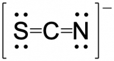 Major resonance structure for SCN-. Carbon is in the center and is singly bonded to the sulfur atom and triple bonded to the nitrogen atom. The formal charge for the sulfur is -1, and both carbon and nitrogen have a formal charge of 0.