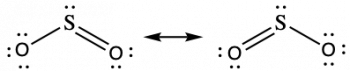 A diagram is shown that is made up of two Lewis structures connected by a double ended arrow. Each structure has a sulfur in the middle with an oxygen atom on either side. In the left structure, there is a single bond between the sulfur and the left oxygen, and a double bond between the sulfur and the right oxygen. In the structure to the right of the arrow, there is a double bond between the sulfur and the left oxygen and a single bond between the sulfur and the right oxygen. Lone pairs are shown so that each atom has an octet.