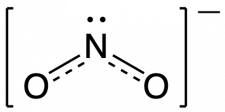 Resonance hybrid for NO2-. Nitrogen is the central atom and is singly bonded to two oxygen atoms. Each oxygen also has a second dashed bond between them and the central nitrogen.