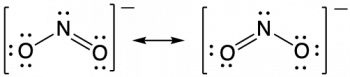 Two resonance structures for NO2- separated by a resonance arrow. In each structure the central nitrogen is singly bonded to one oxygen and double bonded to the second oxygen.