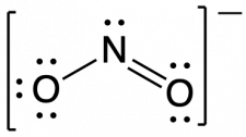 Lewis structure for NO2-. Central nitrogen atom is singly bonded to one oxygen atom and double bonded to a second oxygen atom. Representation is placed in brackets with an overall minus charge.